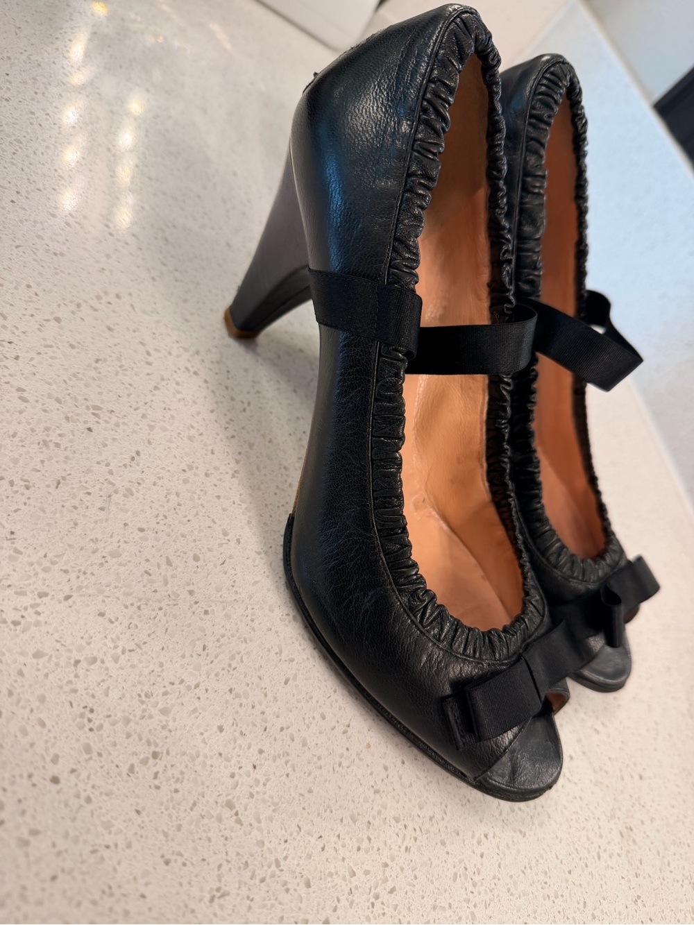 Marc Jacobs Vintage Black Peep-Toe Heels with Bow and Elastic Trim